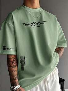 1PCSMen's Summer Casual Slogan Print Short Sleeve T-Shirt-Premium Cotton Graphic Printed Round Neck T-Shirts-365T - 綠色 - 查看 1