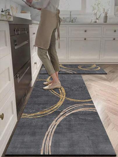 1 pieza Alfombra de gel de sílice para cocina, color de base gris oscuro con patrón circular dorado asimétrico, diseño superpuesto para un aspecto moderno y elegante, que combina con el ambiente informal "HAPPY KITCHEN", alfombra de lujo y elegante para la cocina con cojín y superficie absorbente