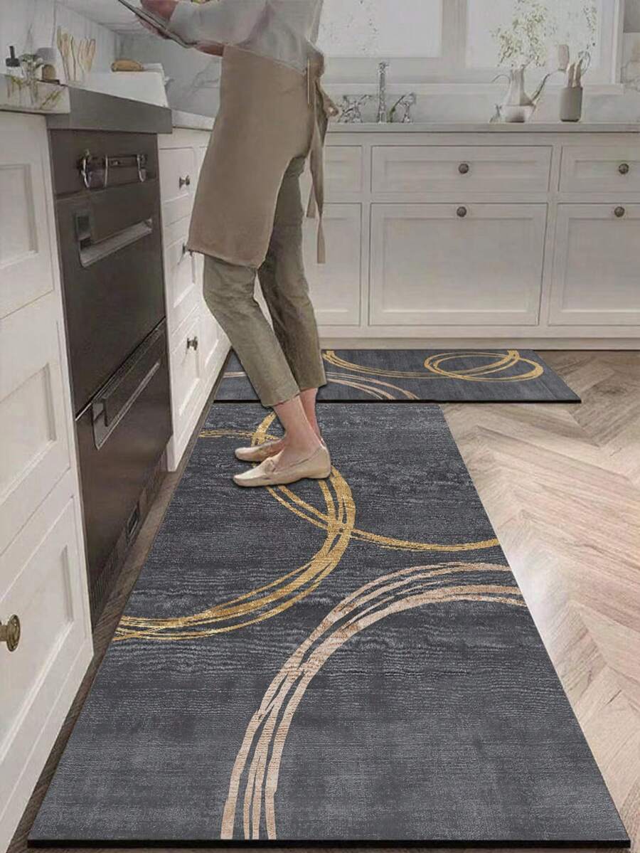 1pc Silica Gel Kitchen Mat, Dark Gray Base Color With Asymmetrical Golden Circular Pattern, Overlapping Design For Modern And Fashionable Look, Matching "HAPPY KITCHEN" Casual Vibe, Luxury And Stylish Kitchen Carpet With Cushion And Absorbent Surface