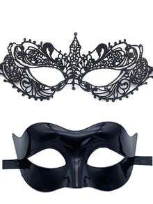 2 件黑色蕾丝和塑料情侣化妆舞会面具，适合男女参加化妆舞会、派对万圣节