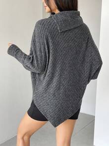 Top de Manga Longa Assimétrica de Tricô Canelado com Gola Alta e Manga Morcego, Cor Sólida, Adequada para Uso Casual, Noite, Festa de Solteiros, Viagem no Outono/Inverno