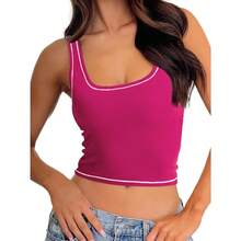 Camiseta de tirantes acanalada para mujer con acolchado, top de entrenamiento de cuello cuadrado, top corto ajustado, camiseta básica de tipo cami - Rosa baya - Ver 1