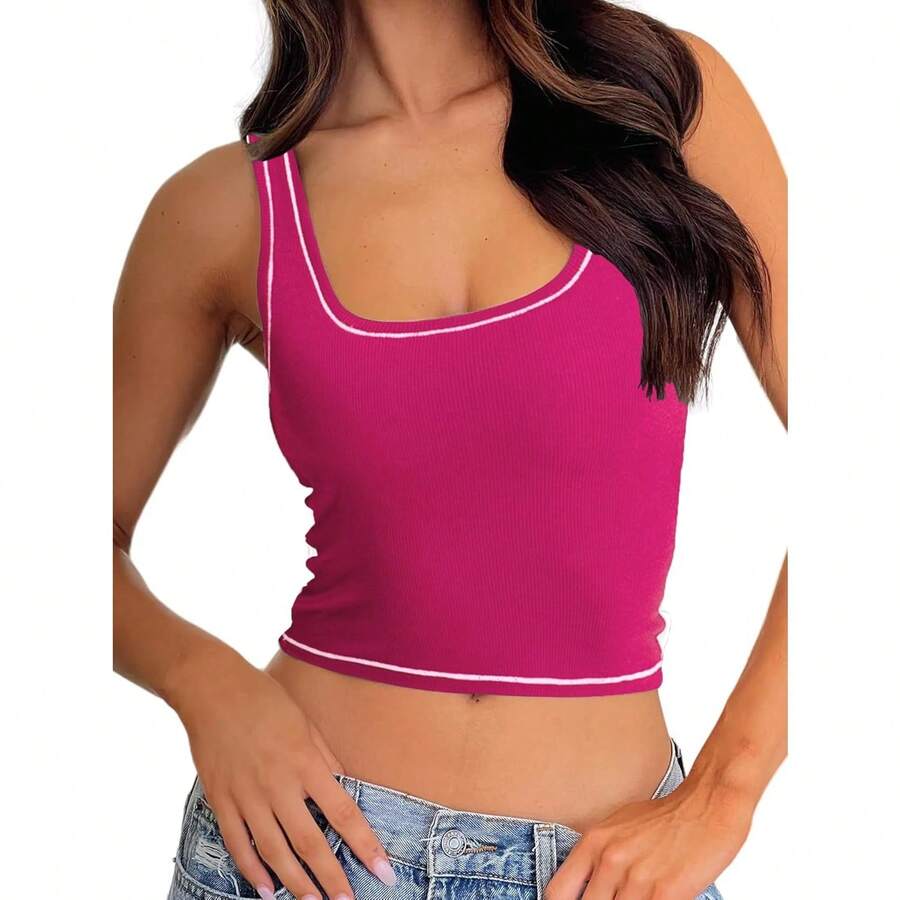 Camiseta de tirantes acanalada para mujer con acolchado, top de entrenamiento de cuello cuadrado, top corto ajustado, camiseta básica de tipo cami - Rosa baya - Ver 1