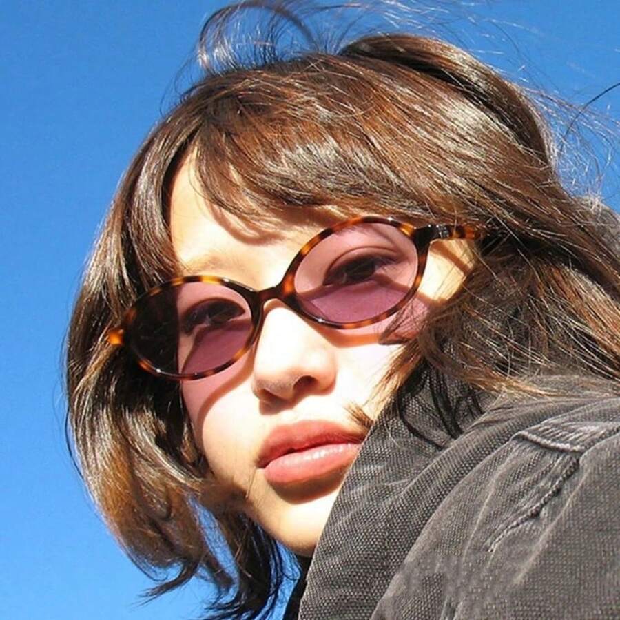 1 件新款复古椭圆形小框时尚眼镜，时尚高端休闲日常佩戴女士时尚眼镜，女士沙滩配饰眼镜，女士沙滩配饰眼镜，椭圆形 - 粉色 - 查看 1