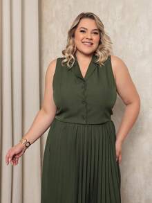 ANLE MODAS Women's Set Pleated Skirt With Elegant Vest Luis Twill Plus Size - Army Green - View 4