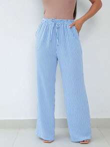 Wide Leg Striped Elastic Palazzo Pants With Pockets - Blue - View 3