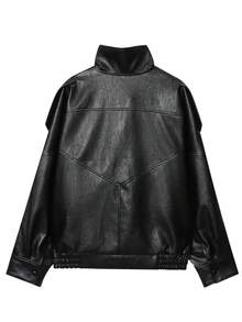 Women's Black PU Leather Jacket, Long Sleeve Zip-Up Bomber Jacket, Autumn/Winter Outerwear, Street Style