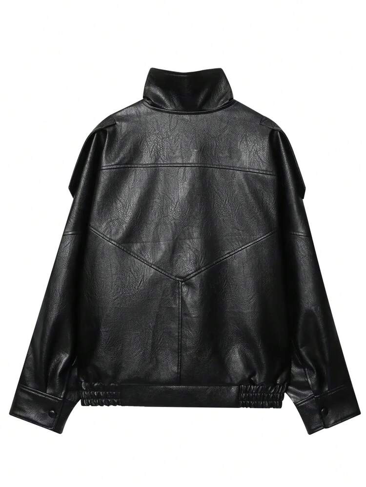 Chaqueta de mujer de piel sintética negra, chaqueta bomber con cremallera de manga larga, ropa de abrigo de otoño/invierno, estilo callejero - Negro - Añade 9