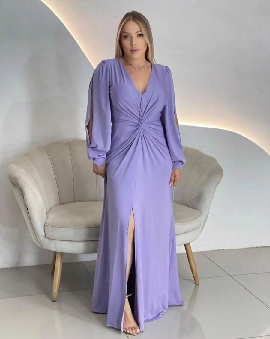 Long Sleeve Dress With Fluity Slit And V-Neckline - 紫丁香 - 查看 1