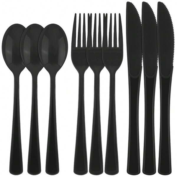 A Set Of 75 Black Knife And Fork Spoon Cutlery Set - Including 25 Forks, 25 Knives, 25 Tablespoons - Reusable And Washable, Perfect For Wedding Cutlery, Parties, Dinners, Celebrations And Christmas Decorations.