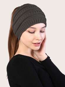 Solid Color Messy Bun Knit Beanie Hat, Suitable For Autumn/Winter Outfits - Dark Gray - View 2