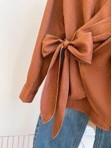 Brown Long Sleeve Tie-Waist Bow Cinched Waist Elegant Slim Fit Blouse For Women, Spring/Summer - Brown - View 9