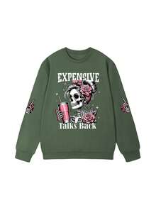 女士秋冬休闲宽松圆领卫衣，字母玫瑰印花，百搭假日风上衣，适合日常穿着，时尚秋冬春季单品 - 淺綠 - 查看 6