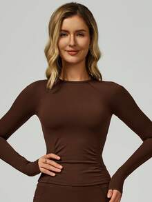 Women's Long-Sleeved Cropped T-Shirt, Tight-Fitting One-Piece Long Pants, Women's Yoga One-Piece Suit, Exercise Long-Sleeved Sports One-Piece Pants, Quick-Drying And High-Elasticity - 咖啡棕 - 查看 3
