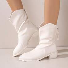 Vintage Elegant Sweet & Cool Black And White Pointed Toe Mid-Calf Boots For Women, High-Quality Soft Leather, Minimalist Design, Versatile For Daily Wear, Dates, Commuting, Parties, Suitable For Autumn/Winter Outfits Like Coats And Dresses, Perfect For Valentine's Day, Christmas, Halloween, Graduation Season