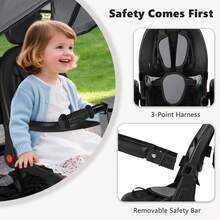 Kinder King Kids Tricycle, 7 In 1 Folding Toddler Trike W/Adjustable Push Handle, Rotatable Seat, Adjustable Canopy, Safety Harness, Storage, Toddler Stroller Bike, Gray - 灰色 - 查看 6