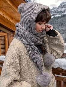 韩版女士针织帽带围巾秋冬可爱绒球耳罩厚保暖帽 - A - 查看 6