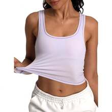 Women Rib Tank Top Padded Workout Top Square Neck Crop Tank Fitted Basic Cami Tops - Lilac Hint - View 7