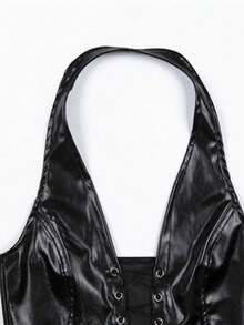 2025 New Women's Halter Neck Lace-Up PU Crop Top, Navel-Exposed Fashion Vest, Trendy Hollow Design, Sexy Party Outfit, Summer Festival Top - Negro - Ver 9