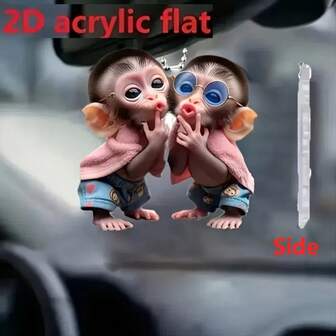 Festive 2D Flat Acrylic Keychain: Adorable Monkey Duo With Glasses, Perfect For Christmas Tree Or Car Decor