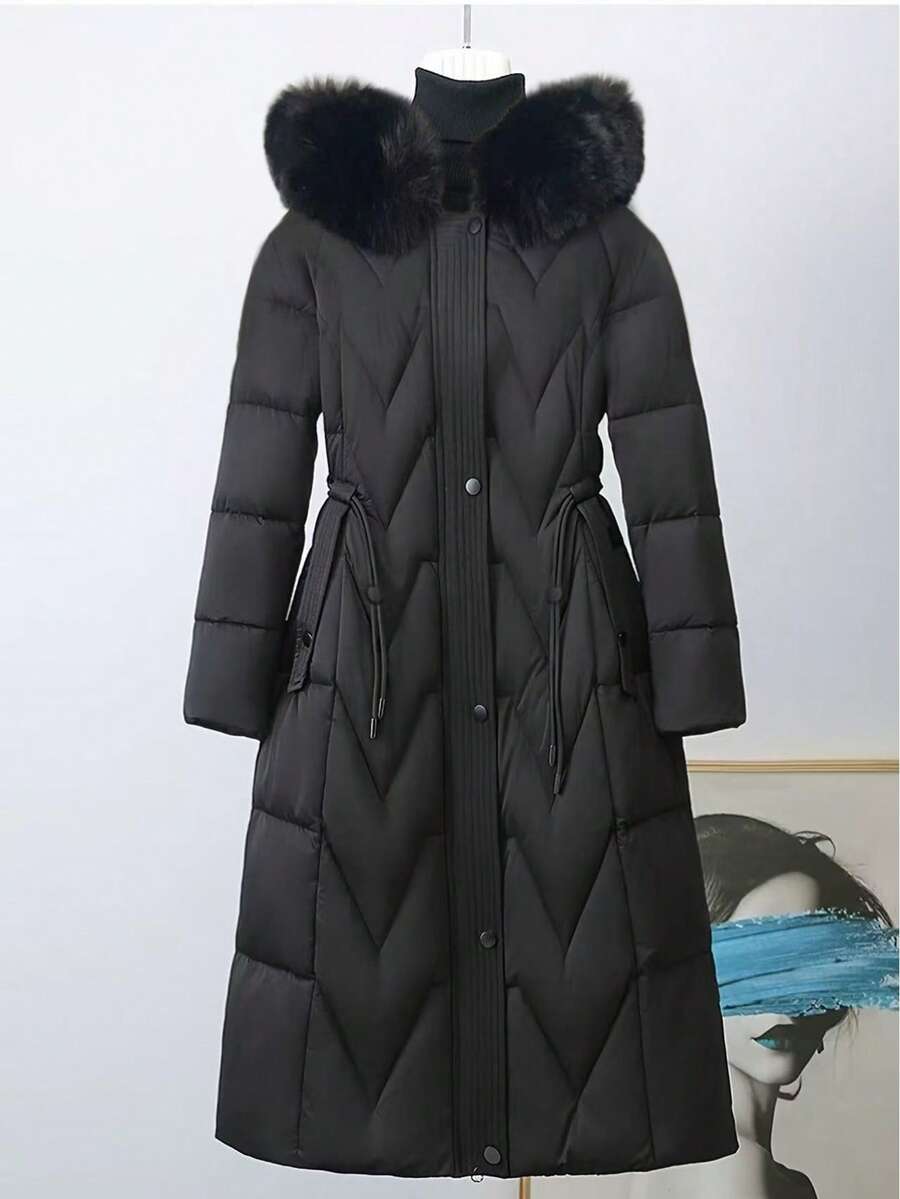 2025 Women's Winter New High-End Warm Solid Color Faux Fur Collar Patchwork Mid-Length Windproof Padded Coat, Slimming Fashionable Jacket - Black - View 1