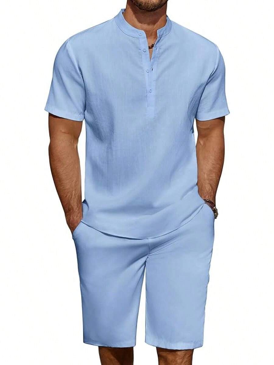 Men's 2 Pieces Linen Set Casual Henley Short Sleeve Shirts Beach Yoga Shorts Summer Outfits - Màu xanh lam - Xem 1