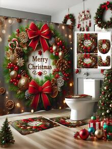 1/3/4 Stücke Weihnachts Duschvorhang Set, Weihnachts Schleife und Geschenk Muster bedruckter Badezimmer Fenster Duschvorhang Set, Badezimmer Set beinhaltet rutschfeste Badematte, U-förmige Toilettenvorleger, Toilettendeckel Abdeckung und Duschvorhang Zubehör, geeignet für Badezimmer Dekoration, Heimdekoration und Duschdekor, Feiertags Geschenk, Feiertags Dekoration, Weihnachtsdekoration