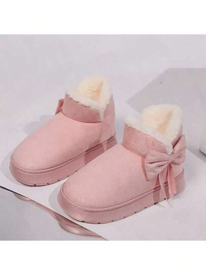 1 Pair Autumn/Winter New Bow Side Design Shoes, Women's Thick Sole Warm Thermal Lined Outdoor Fashionable Retro Elegant Snow Boots, Unisex Couple Style