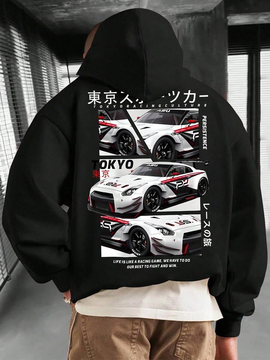 Chaqueta con Capucha para Hombres - Diseño de Coche de Carreras con Detalle en Japonés, Sudadera Azul Marino para Aficionados al Automóvil, Lavable aáquina, Ropa Casual de Invierno con Cordón Ajustable - Negro - Ver 1