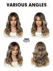 Brown Highlight Synthetic Wig With Bangs, Dark Brown Long Wavy Layered Wig, Suitable For Women's Daily Party Cosplay Wig 20 Inch,For Women Girls Natural Looking Daily Party Cosplay Halloween Wigs For Halloween And Christmas New Year Carnival Music Festival Cosplay ,Gifts For Girls,Summer Graduation Gifts,Ready-Made Gifts,Halloween Christmas Gifts - 挑染棕色 - 查看 9