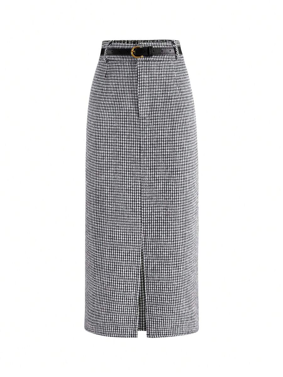 EARO 法式复古女式休闲简约舒适日常百搭束腰千鸟格褶前开衩高腰松紧腰修身性感优雅宽松 OL 职业紧身裙，春秋 - 黑與白 - 查看 1