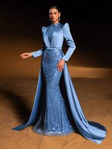 Faeriesty 优雅晚礼服，小巧的半高领设计，公主风侧拖尾，美人鱼式珠饰亮片点缀，适合婚礼招待会及女士正式派对穿着。 - 霧霾藍 - 查看 8