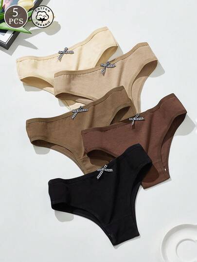 5条装女士内裤，美拉德彩色系列纯色格子蝴蝶结巴西风情内裤，纯棉简约性感透气低腰女士三角裤，T字后背，丁字裤