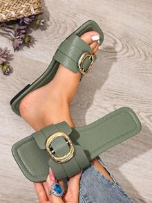 New Spring/Summer Fashion Brand H Style Women Slippers, Casual Strap Slip-On Roman Sandals, Comfortable Slip-On Mule Sandals In Black, Beige, Brown, Flat, Embossed, Desert Key, French Elegant Style, Rhinestone Thick Bottom Wedge Sandals, Beach Shoes, Minimalist Indoor Outdoor Slippers, Crocodile Pattern Flat Sandals, Versatile Metal Decor - Olive Green - View 2