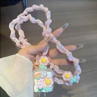 5件/套3D波浪花兔图案网格数据线保护套，适用于18/20W美规充电器适配器，兼容iPhone11/12/13/14/15/16 Pro Max，1.5米防断线保护套，TPU充电头保护壳