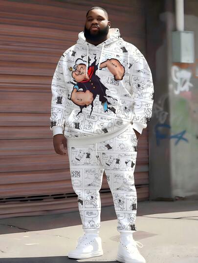 ZhuYa "Cool Sailor All-Over Print" Contrast Color Matching Plus Size Men's Hoodie Tracksuit Set For Spring Autumn, Plus Size Loose Fit Hooded Sweatshirt+Jogger Pants, Streetwear Casual Outfit, Cozy Outfits