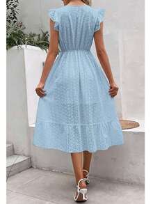 Long Beach Dress With Wrap Hem And Ruffle, Vacation Outfit For Women - Light Wash - View 3