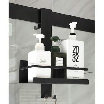 Estantería colgante de acero inoxidable negro de 2 niveles - Instalación sin taladrar, sobre la puerta de vidrio, amplio soporte para champú y gel de ducha para la organización del baño