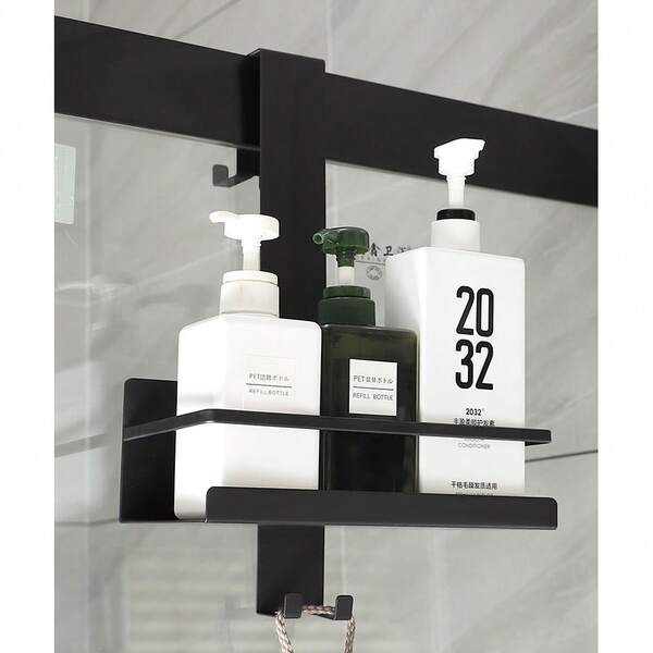 2-Tier Black Stainless Steel Hanging Shower Shelf - No-Drill, Over-The-Glass Door Installation, Spacious Shampoo & Shower Gel Holder For Bathroom Organization