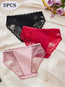 3pcs Sexy Women's Triangle Panties Romantic And Charming Translucent Lace Pure Desire Style Mesh Design Dating Partner Black Panties Red Underwear Pink Panties Women's Fashion Underwear Comfortable And Refreshing For Various Occasions - Multicolor - View 2