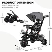 Kinder King Kids Tricycle, 7 In 1 Folding Toddler Trike W/Adjustable Push Handle, Rotatable Seat, Adjustable Canopy, Safety Harness, Storage, Toddler Stroller Bike, Gray - 灰色 - 查看 9