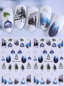 2PCS Winter Nail Art Sticker 3D Snowy Scenery Tree Snowflakes DIY Crystal Pendant Decals Landscape Self Adhesive Nail Art Design Decoration DIY Manicure Nail Supplies For Fall Winter Holiday Nails