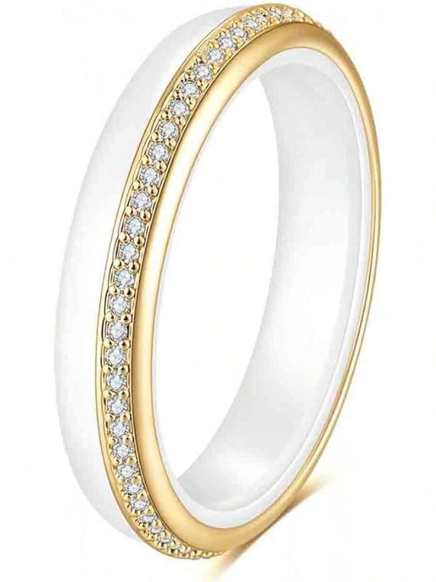 6mm White/Black Ceramic Rings Plus Cubic Zirconia For Women Comfort Fit Engagement Wedding Band Size 5-122025 - 4mm White & Gold - View 1
