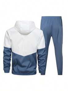 Bộ đồ thể thao nam thoáng khí, phối màu, dùng cho chạy bộ và tập thể dục, bao gồm áo khoác và quần, kiểu dáng thể thao rộng rãi, trang phục thể thao thường ngày. - Màu xanh lam - Xem 5