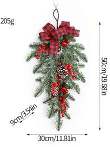 Decorațiune artificială de Crăciun: Ornament suspendat din ace de pin de 49,6 cm, cu fructe de pădure roșii, conuri de pin și fundă roșie - neagră în carouri, pentru scene de festival/camere/acasă/birou/decorațiuni de Crăciun pentru petreceri tematice