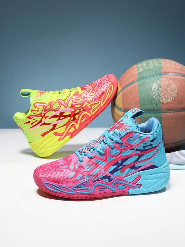 Men's Fashion Shock-Absorbing Sports Shoes, Graffiti Teenager Basketball Shoes - Comfortable, Breathable, Non-Slip, Shock-Absorbing Sports Shoes, Suitable For Training, Running And Walking (Handpainted Uneven, Camouflage Asymmetrical Pattern) (Left And Right Foot Colors Are Random, Left Foot Yellow Or Right Foot Yellow)