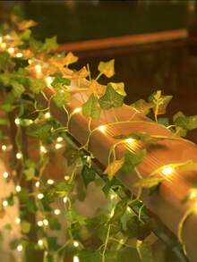 5M LED Artificial Ivy Vine String Lights - LED Ivy Leaf Fairy String Lights, Artificial Leaf String Lights, Green Leaf Decor Hanging Lights, Simulated Evergreen Vine Classic Style Suitable For Wall, Party, Wedding, Room, Kitchen, Indoor Decoration; Valentine's Day, Thanksgiving Atmosphere Decoration, Battery Box Powered (Batteries Not Included), 2M With 20 Lights/5M With 50 Lights