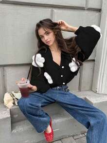 Áo khoác cardigan nữ thanh lịch thêu hoa, trang phục thường ngày thoải mái cho các buổi hẹn hò và đi chơi, thích hợp cho các dịp lễ, kỳ nghỉ, Ngày Valentine, Năm mới, mùa hè, sinh nhật. - Đen và trắng - Xem 4