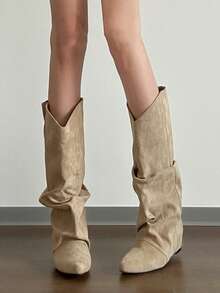 坡跟靴，尖头西部女牛仔靴，及膝靴，经典靴子，秋季、冬季、秋季，中筒褶皱宽筒靴 - 杏色 - 查看 3