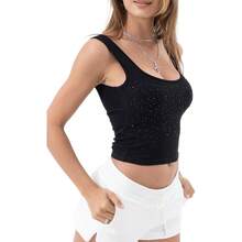 Women Rib Tank Top Padded Workout Top Square Neck Crop Tank Fitted Basic Cami Tops - Diamond Black - View 6